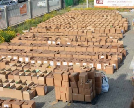 Rows of holiday food packages being prepared for distribution