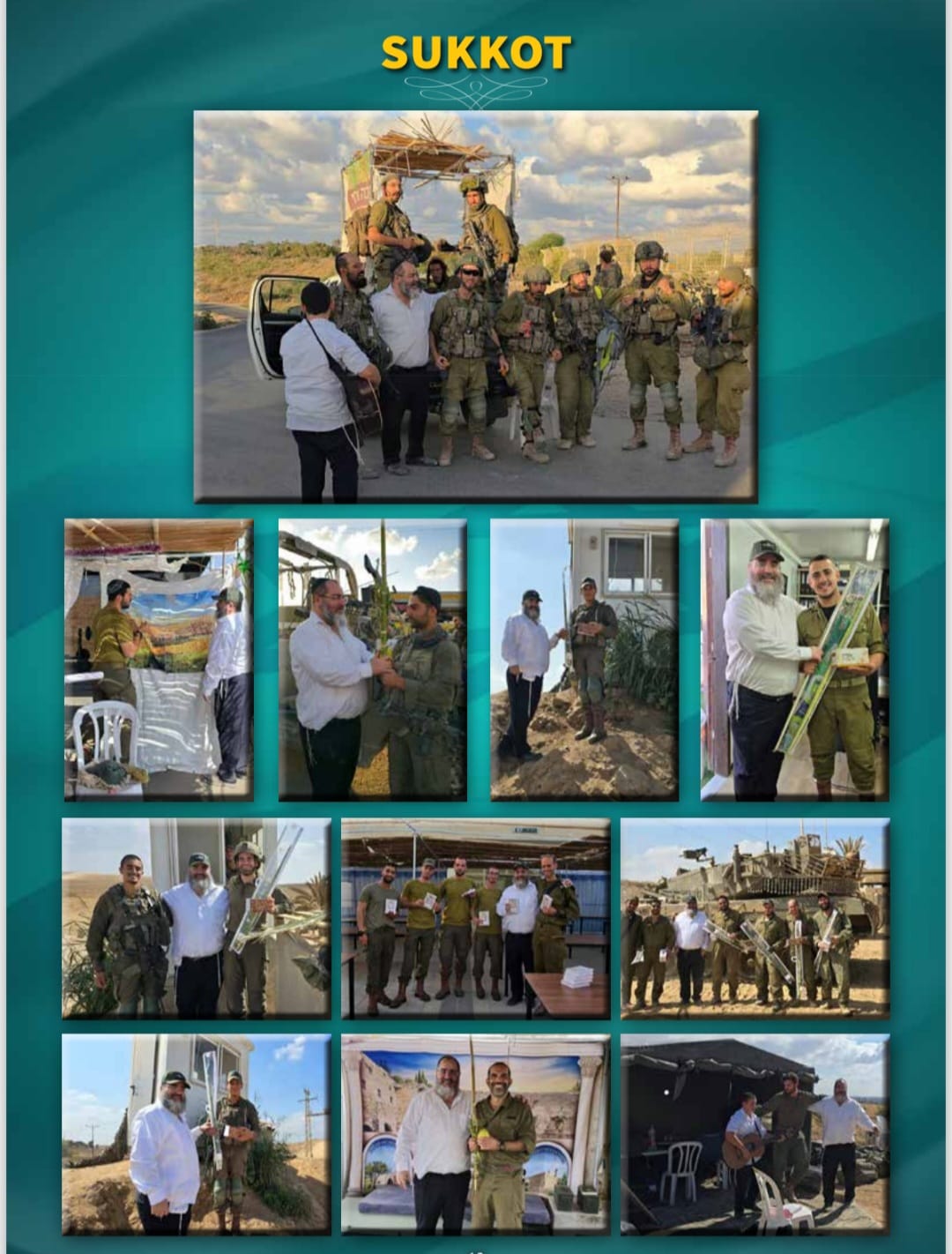 A collage of Sukkot activities with soldiers in the field